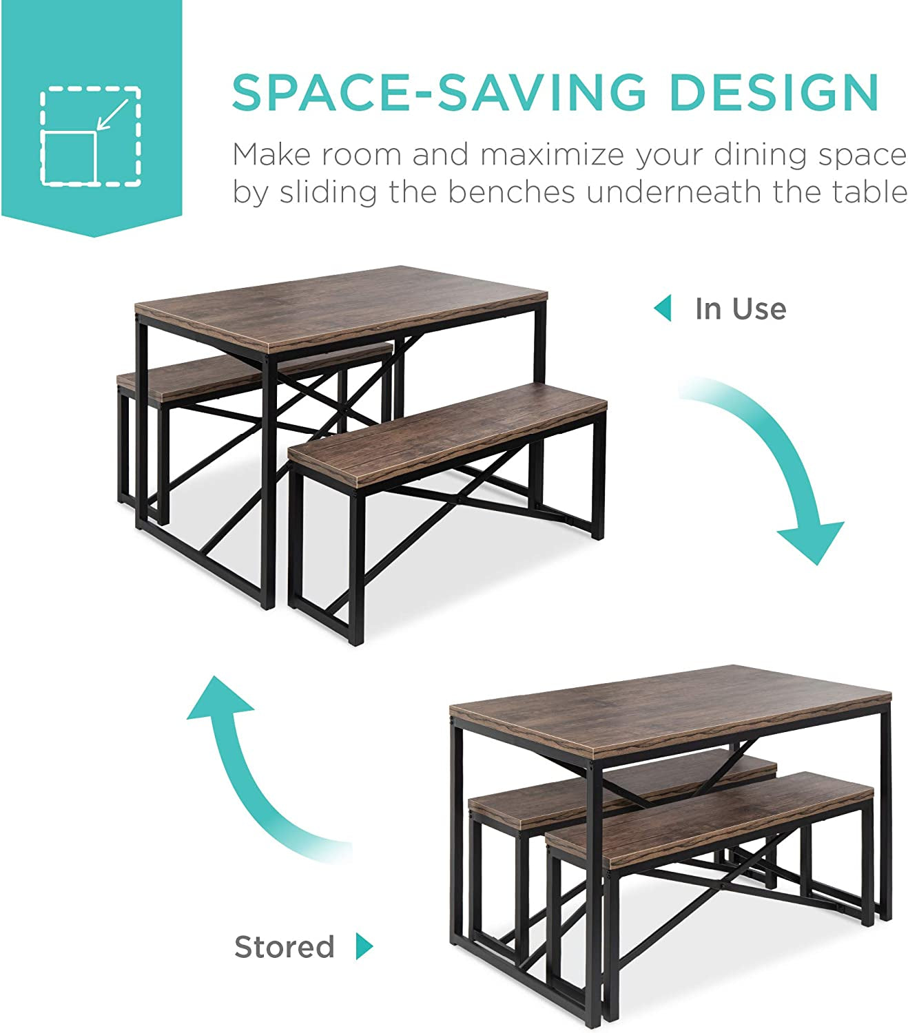 45.5In 3-Piece Bench Style Dining Furniture Set, 4-Person Space-Saving Dinette for Kitchen, Dining Room W/ 2 Benches, Table - Brown/Black - Design By Technique