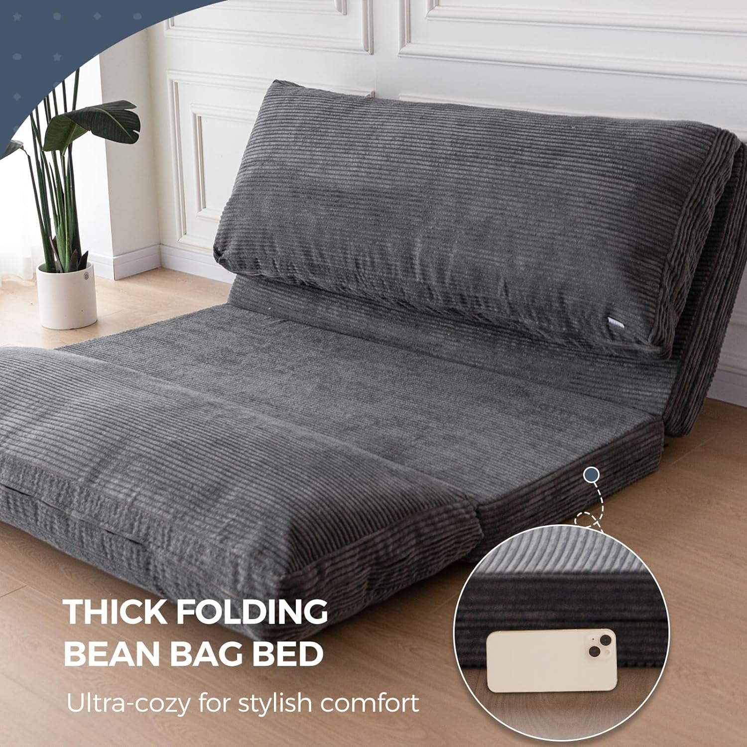 Bean Bag Bed Folding Sofa Bed Floor Mattress for Adults, Extra Thick and Long Floor Sofa with Corded Washable Cover, Dark Grey, 30X95 Inch