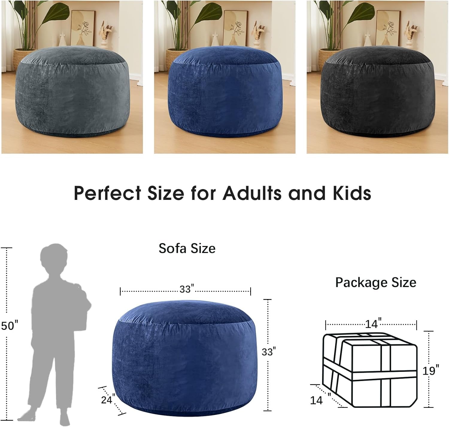 Bean Bag Chairs for Adults - 3' Memory Foam Furniture Beanbag Chair - Kids/Teens Sofa with Soft Micro Fiber Cover - round Fluffy Couch for Living Room Bedroom College Dorm - 3 Ft, Navy