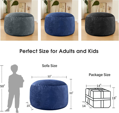 Bean Bag Chairs for Adults - 3' Memory Foam Furniture Beanbag Chair - Kids/Teens Sofa with Soft Micro Fiber Cover - round Fluffy Couch for Living Room Bedroom College Dorm - 3 Ft, Navy