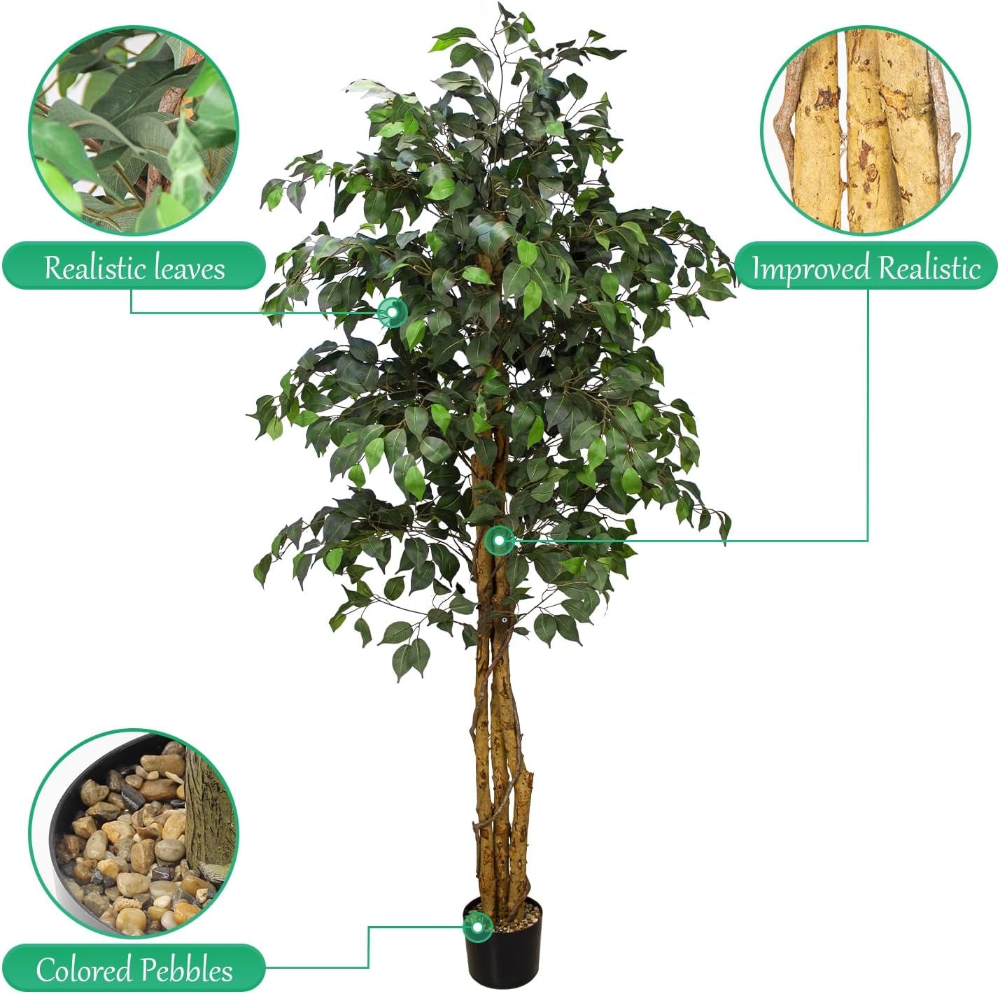 6.2FT Artificial Ficus Silk Tree (75In) with Plastic Nursery Pot, Fake Plant for Living Room Balcony Corner Decor,Indoor-Outdoor Use, 75 Inch