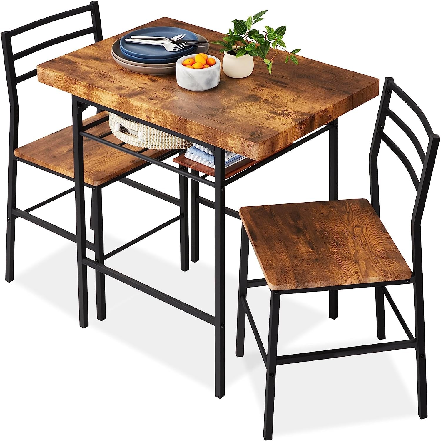 3-Piece Modern Dining Set, Space Saving Dinette for Kitchen, Dining Room, Small Space W/Steel Frame, Built-In Storage Rack - Brown - Design By Technique