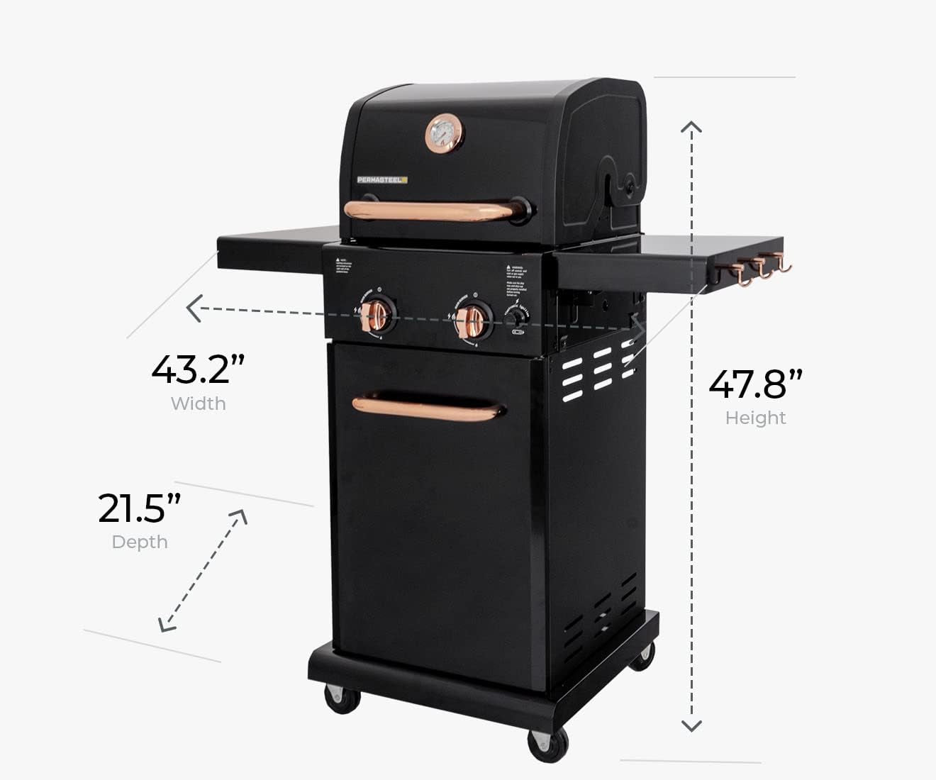 2-Burner Gas Grill, Foldable Side Tables, Grilling Tool Hooks, Propane Gas Barbecue Grill, Black with Copper Accent