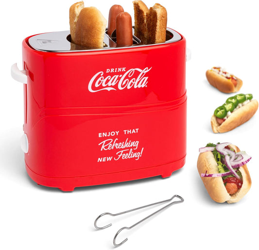 Coca-Cola 2 Slot Bun Mini Tongs, Hot Dog Toaster Works with Chicken, Turkey, Veggie Links, Sausages and Brats, Retro Red