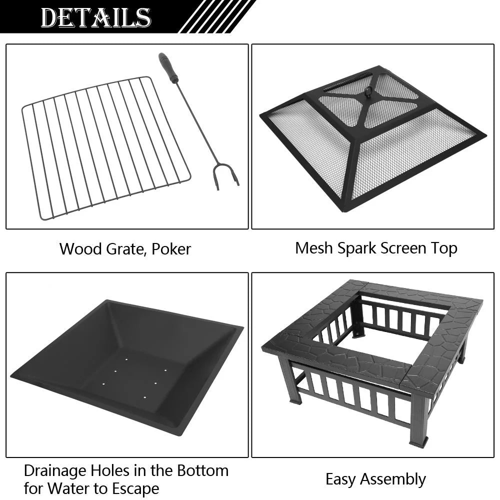 Wooden 32" Metal Fire Pit Patio Garden Square - Design By Technique