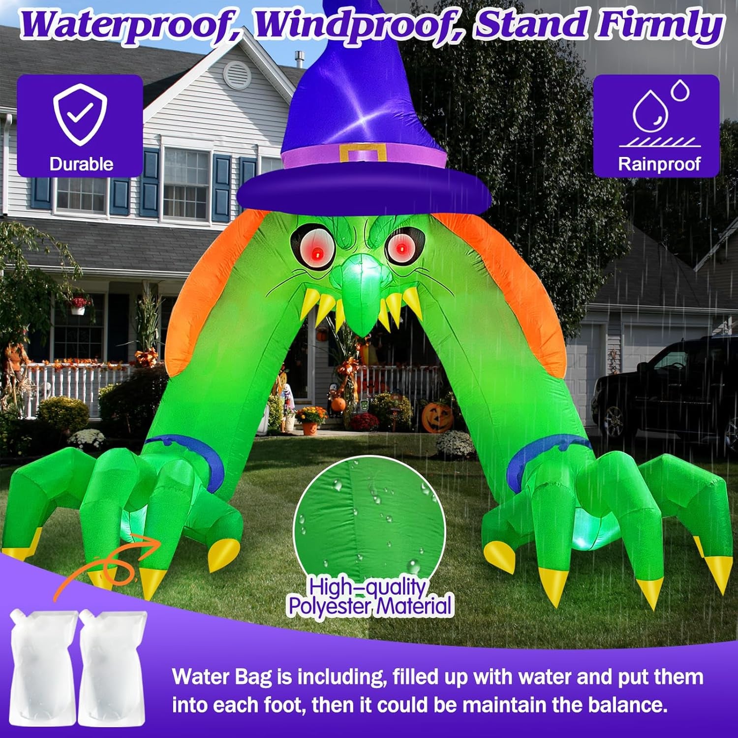 Halloween Inflatables 12FT Green Witch Archway Outdoor Decorations with Glowing Red Eyes, Build-In Leds & Tethers Stakes Halloween Blow Ups Arch for Yard, Indoor, Party, Garden, Lawn Decor