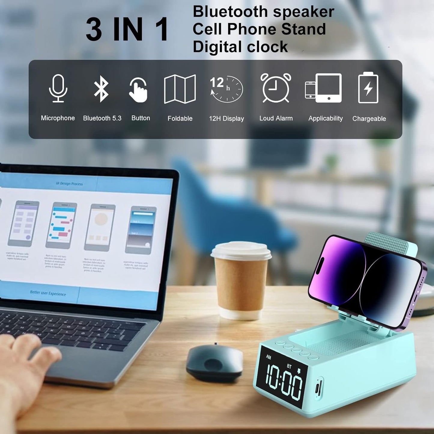 Gifts for Men/Women 3 in 1 Wireless Bluetooth Speaker with Loud Alarm Clock Cell Phone Stand TF Card Reader 12H Display Mic HD Surround Sound Kitchen Bedroom Office Cell Phone＆Tablet (Green)