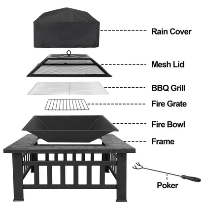 32" Outdoor Fire Pit Square Metal Firepit Patio Garden Stove Wood Burning - Design By Technique