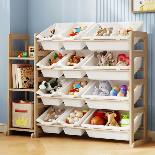 Toy Storage Organizer - Toy Organizers and Storage with Bookshelf, Toy Storage Shelf with 3 Shelves and 12 Storage Bins, Kids Bookshelf and Toy Storage for Kids Room, Playroom, Bedroom, Nursery, White