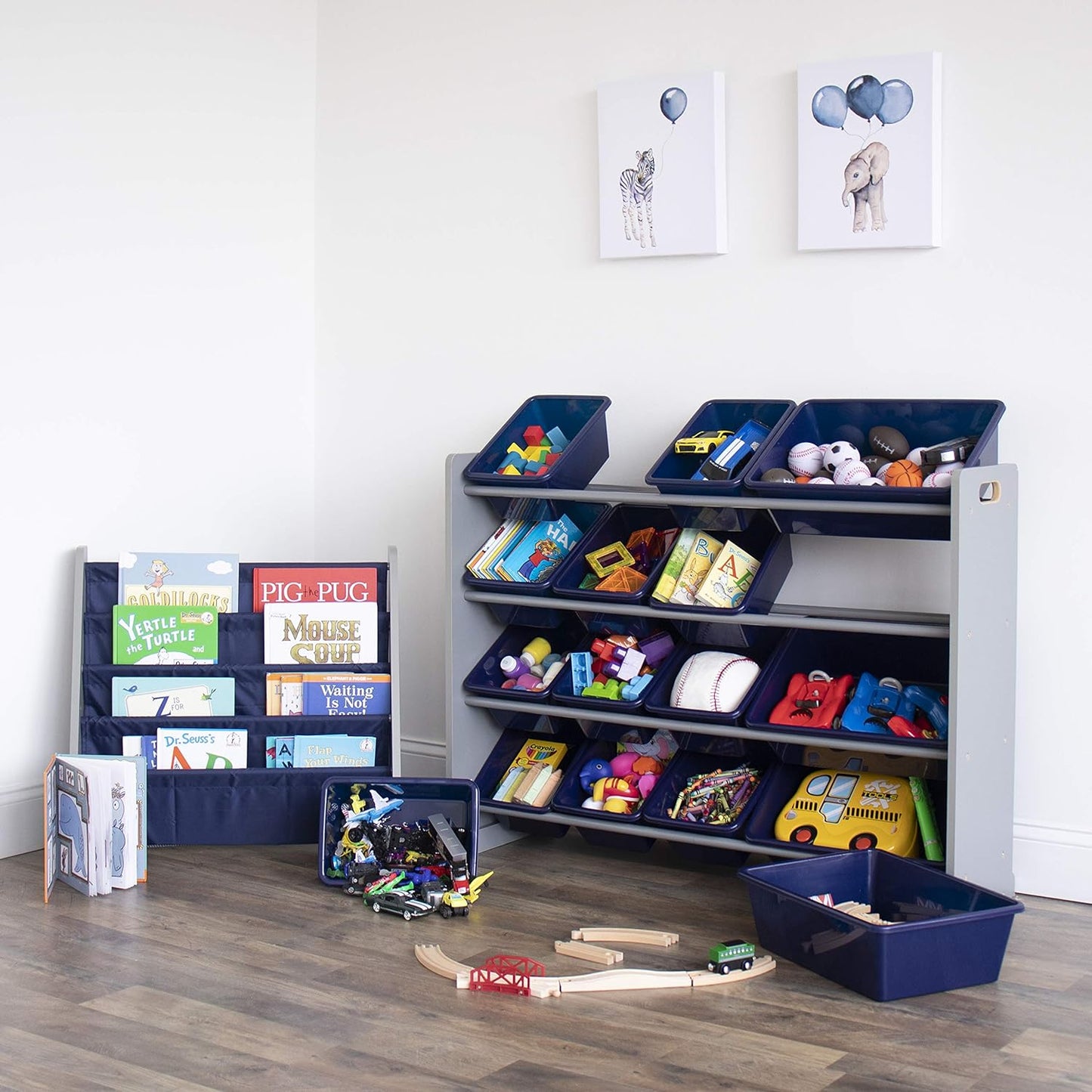 Toy Storage Organizer, Grey/Navy, 42X11X31 Inches,12X9X6 Inches,16X12X6 Inches