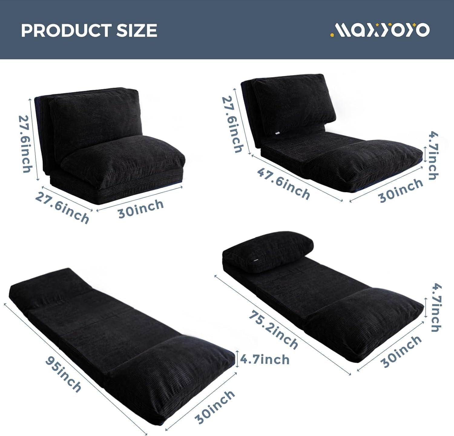 Bean Bag Bed Folding Sofa Bed Floor Mattress for Adults, Extra Thick and Long Floor Sofa with Corded Washable Cover, Black, 30X95 Inch