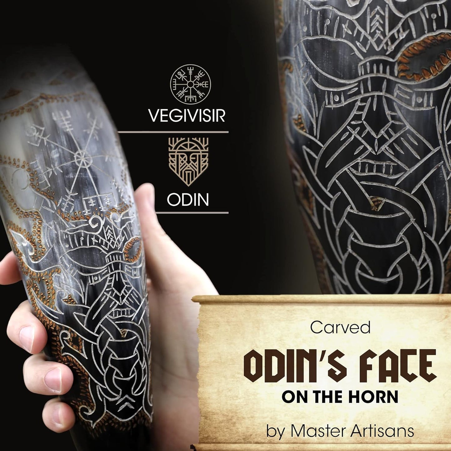 Authentic Handmade Viking Drinking Horn - Medieval Norse Ale Drinking Mug for Vikings with Stand - Hand Engraved Viking'S Drink Cup - Food Safe Beer Horns (Odin & Vegvisir - 14 Inches), 2 Piece Set