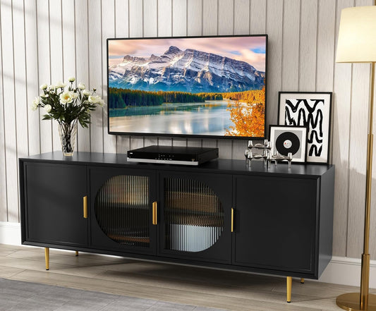 Modern TV Stand for 70 Inch TV, Black TV Console with 4 Glass Doors, Entertainment Center with Storage Cabinet, Wood Media Cabinet with Gold Leg, 65” TV Stands for Living Room