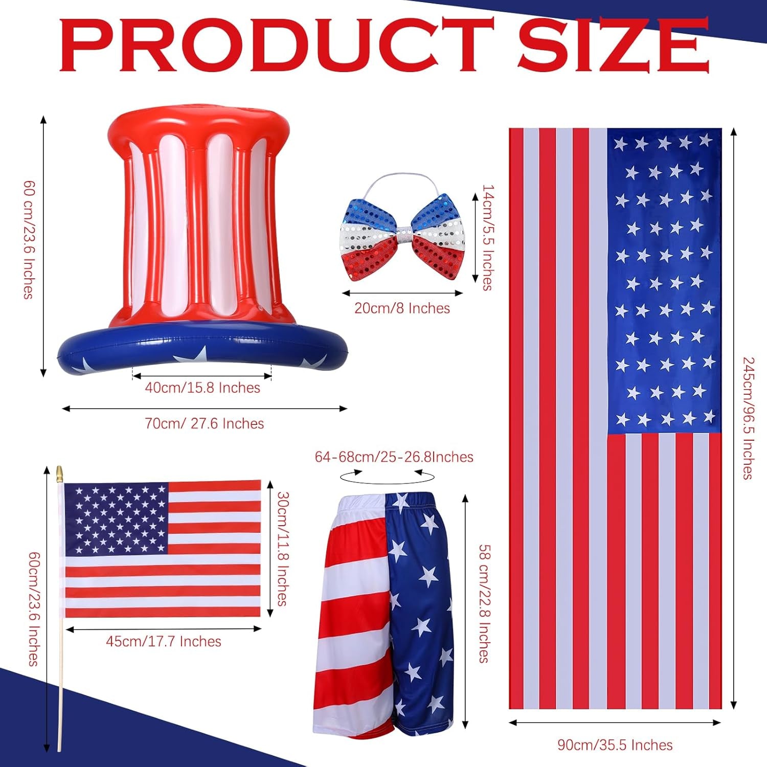 6 Pcs 12 Ft Skeleton 4Th of July Clothes Accessories Inflatable Uncle Hat Bow Tie American Flag Costume Cape and Shorts 2 American Flags on Stick for Patriotic Independence Outdoor Decoration