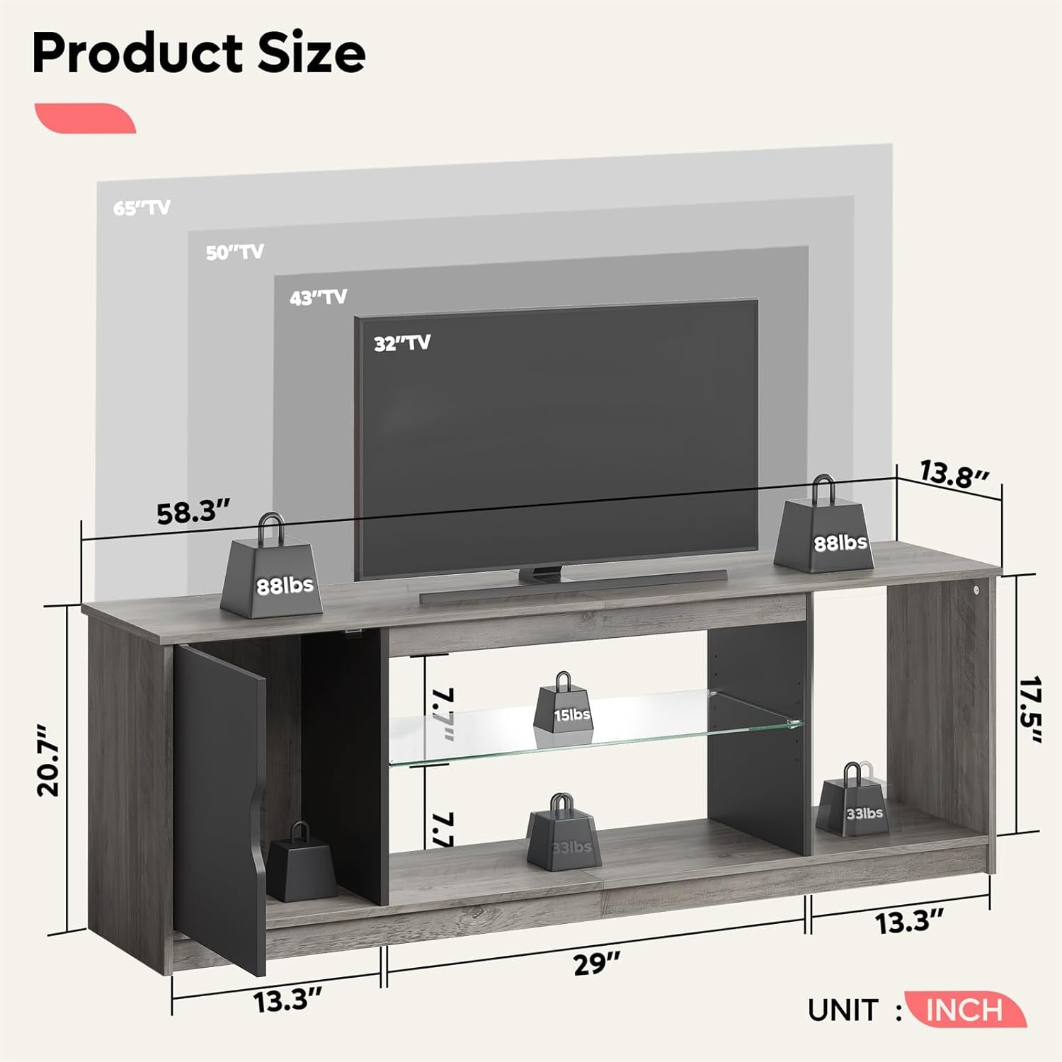 LED TV Stand for 55/60/65 Inch TV, Gaming Entertainment Center with Cabinet for PS5, Modern TV Cabinet with Adjustable Glass Shelves for Living Room, Bedroom 58 Inch, Grey Wash