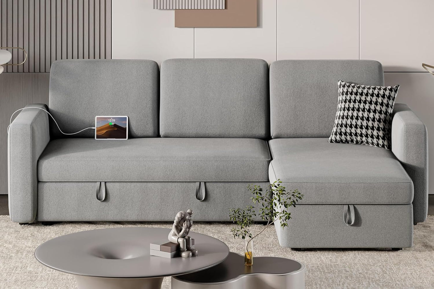 Sectional Sofa L-Shaped Sofa Couch Bed W/Chaise & USB, Reversible Couch Sleeper W/Pull Out Bed & Storage Space, 4-Seat Fabric Convertible Sofa, Pull Out Couch Light Gray