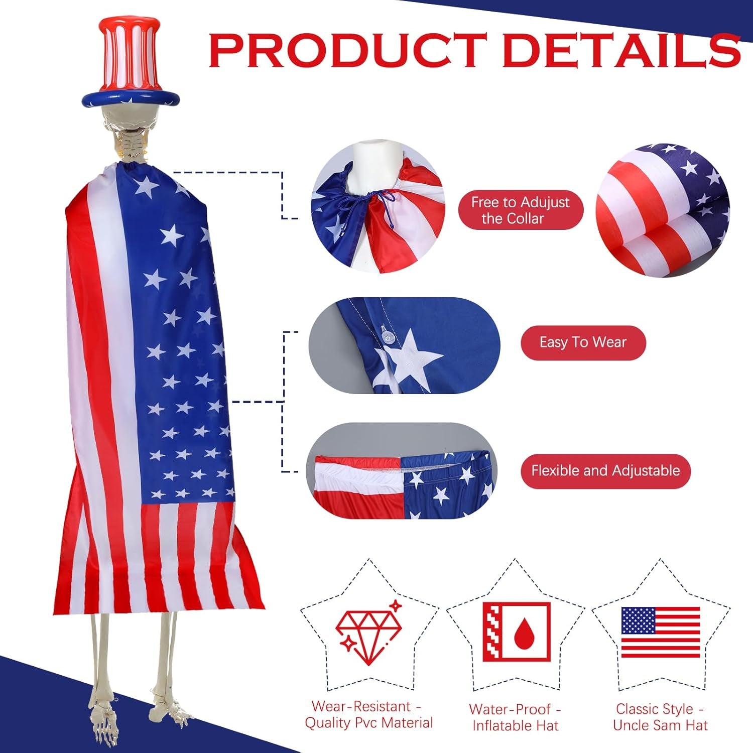 6 Pcs 12 Ft Skeleton 4Th of July Clothes Accessories Inflatable Uncle Hat Bow Tie American Flag Costume Cape and Shorts 2 American Flags on Stick for Patriotic Independence Outdoor Decoration