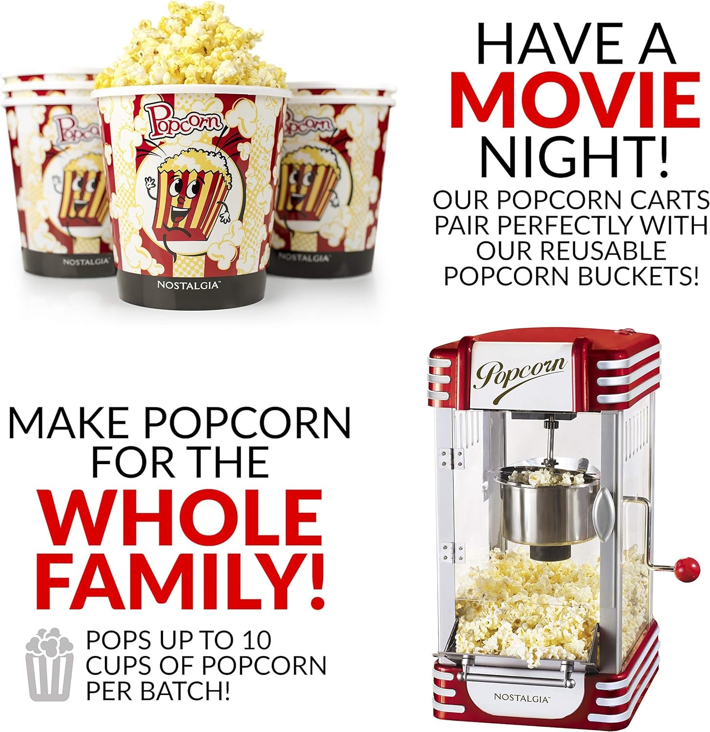 Popcorn Maker, 2.5 Oz Kettle Makes 10 Cups, Retro Classic Popcorn Machine with Interior Light, Measuring Spoons and Scoop, White and Red