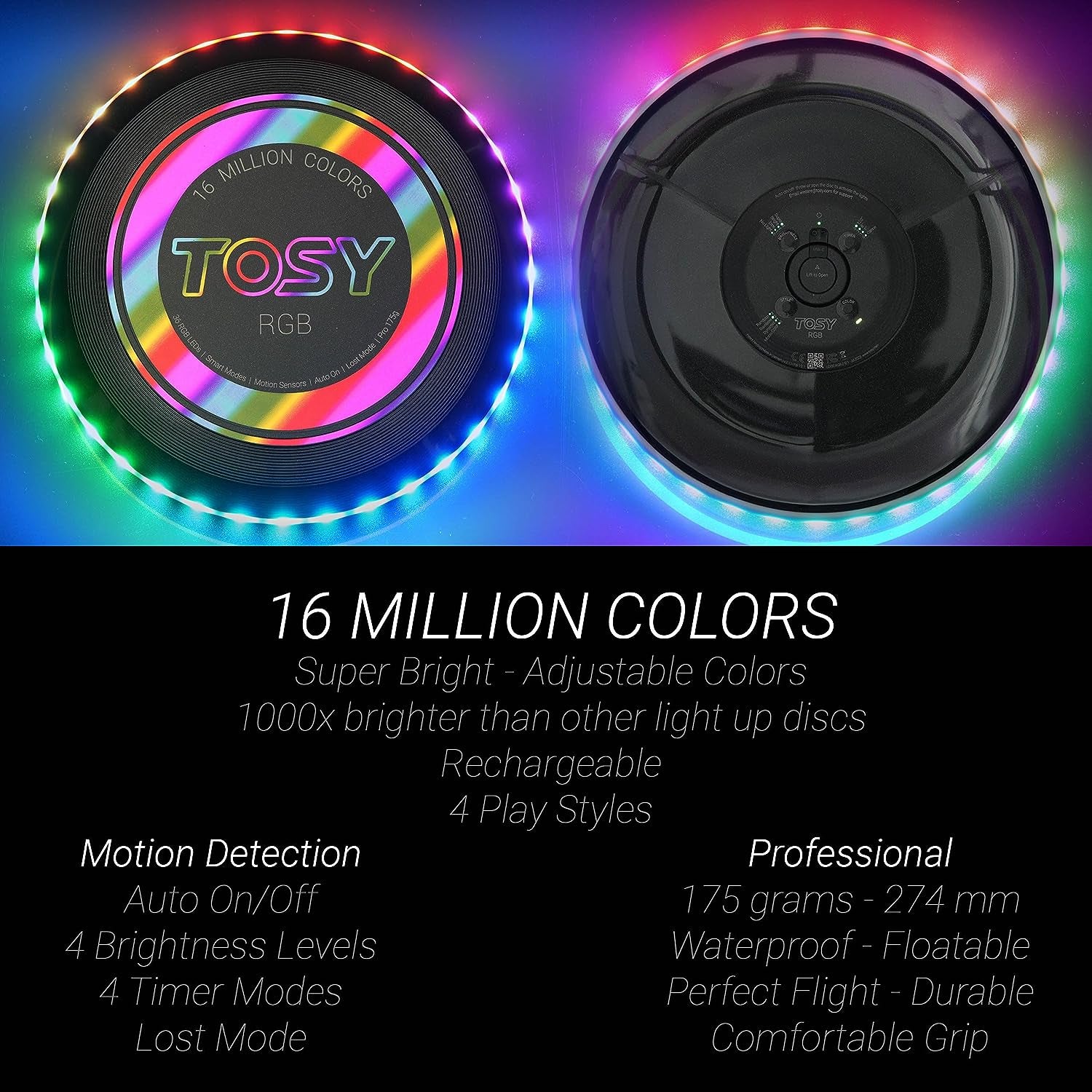 Flying Disc - 16 Million Color RGB or 36 or 360 Leds, Extremely Bright, Smart Modes, Auto Light Up, Rechargeable, Cool Fun Christmas, Birthday & Camping Gift for Men/Boys/Teens/Kids, 175G Frisbee