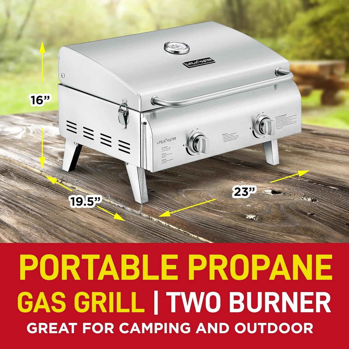 Portable Stainless Steel Gas Grill - 2 Burners Easy Clean Tabletop BBQ Propane Gas Grill with Foldable Legs and Wind Proof Lid for Camping and Outdoor - Silver