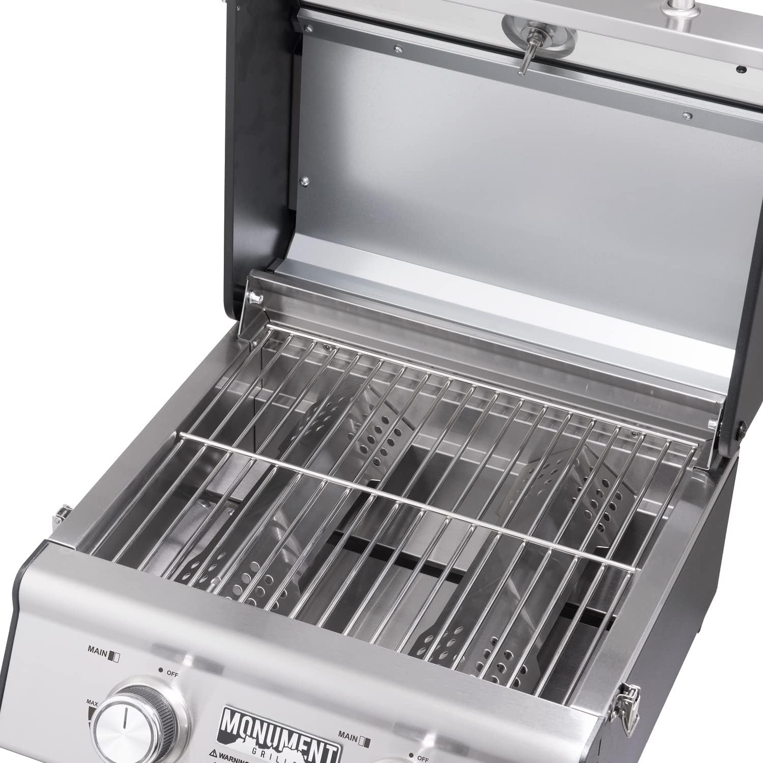 Portable Propane Gas Grill 2-Burner Tabletop Clearview  for Outdoor Camping Cooking, Two 15,000 BTU Burners, Stainless Steel, and Built-In Thermometer