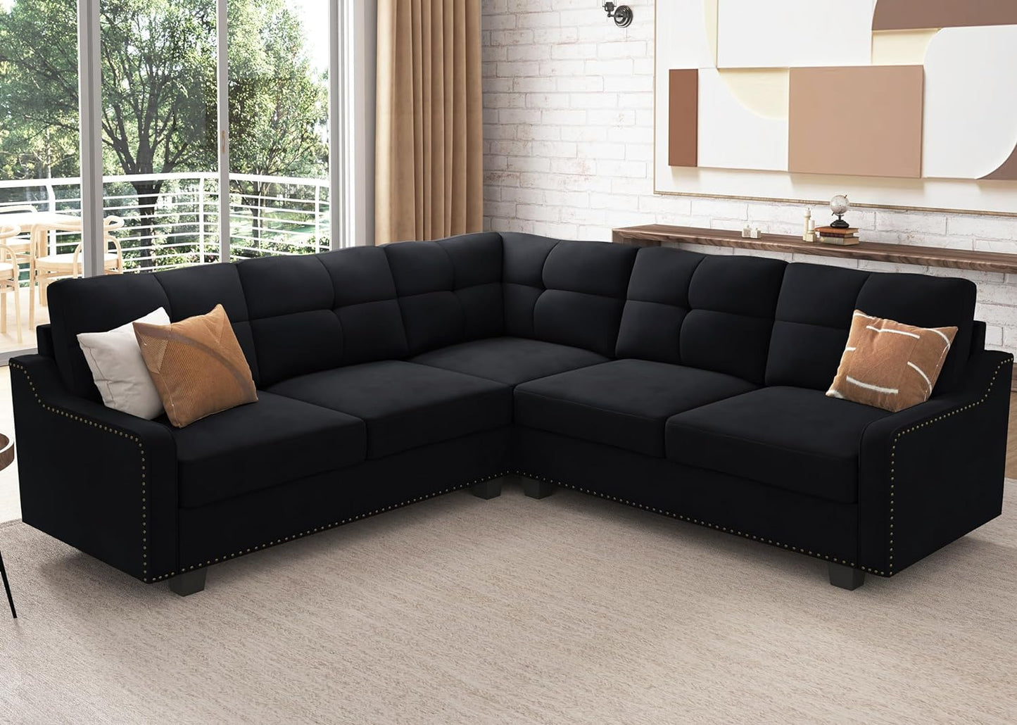 Convertible Sectional Sofa L Shaped Couch for Small Apartment Reversible Sectional Couch for Living Room,Velvet Black