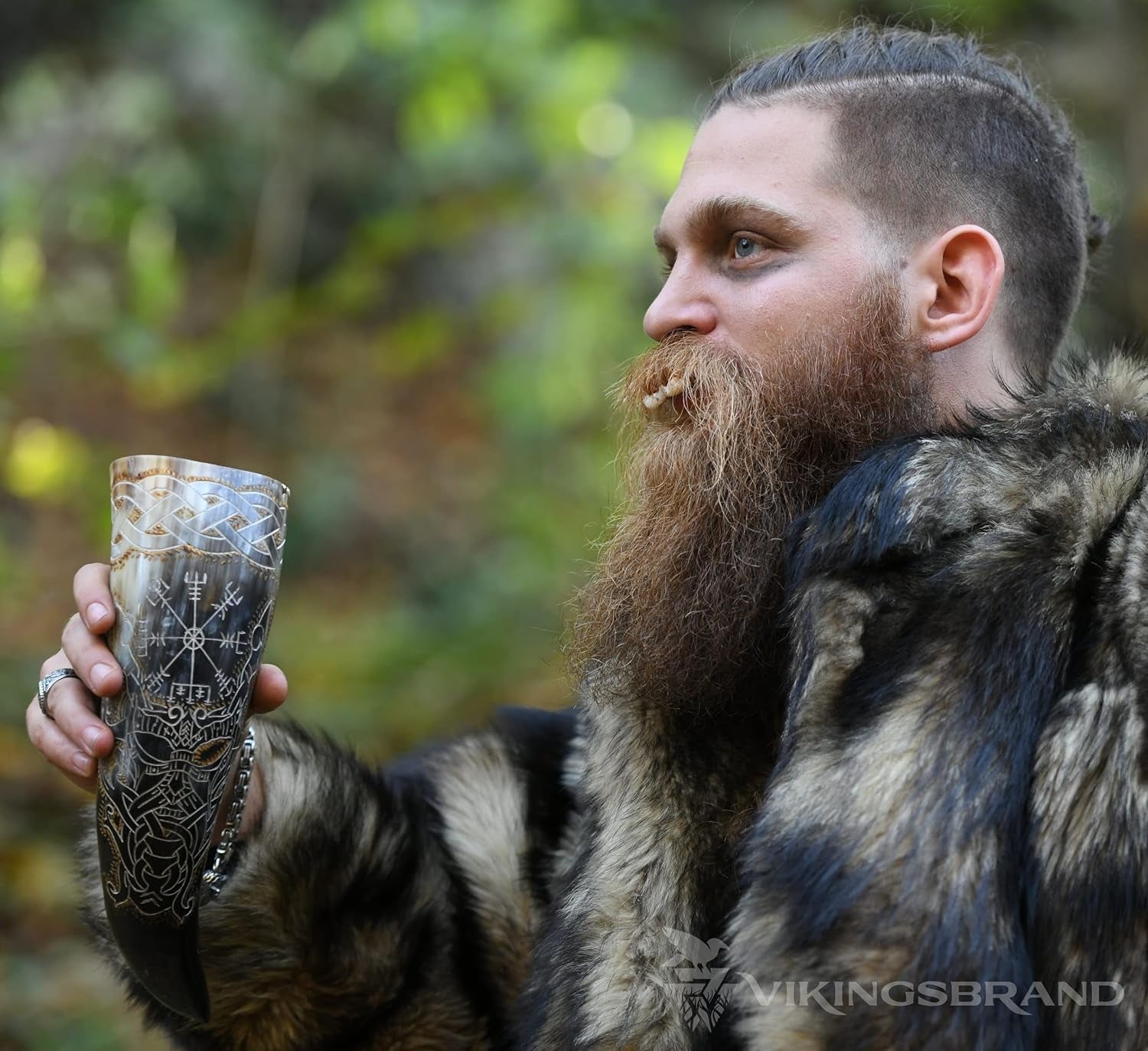 Authentic Handmade Viking Drinking Horn - Medieval Norse Ale Drinking Mug for Vikings with Stand - Hand Engraved Viking'S Drink Cup - Food Safe Beer Horns (Odin & Vegvisir - 14 Inches), 2 Piece Set