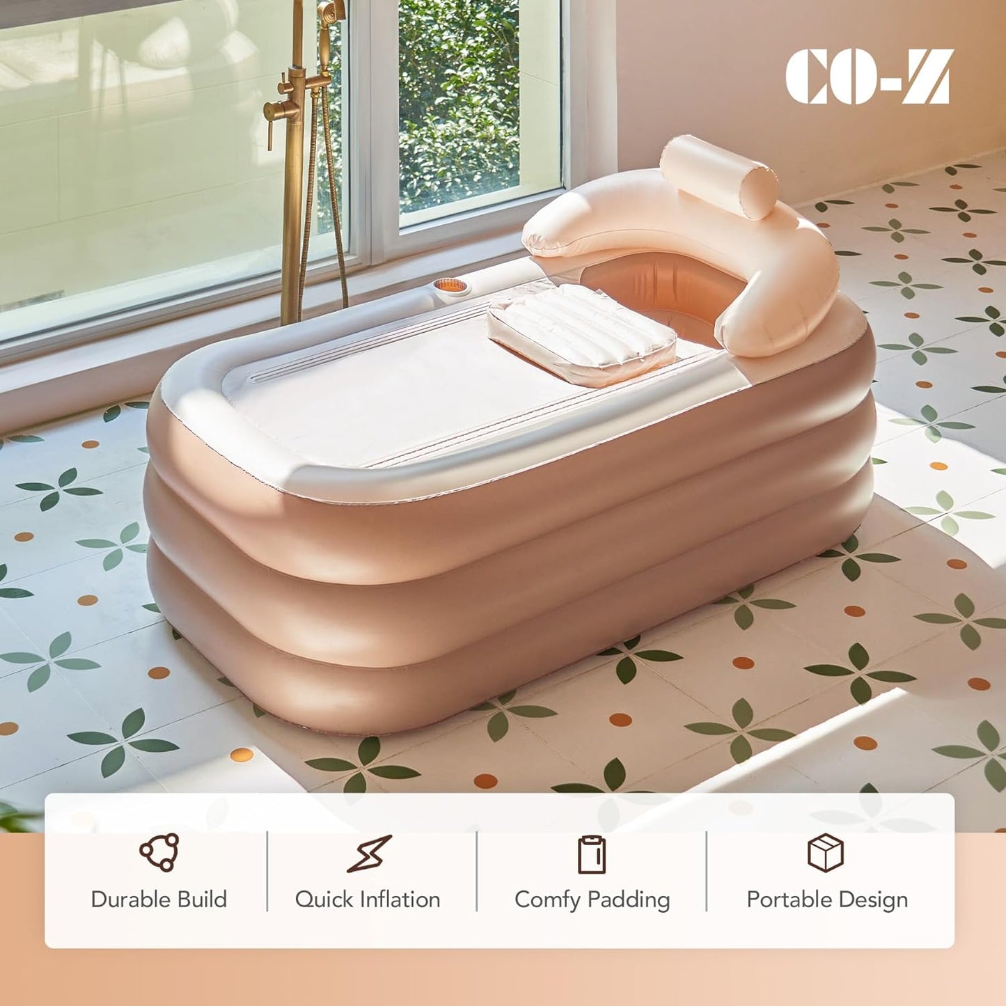 Inflatable Bathtub with Electric Air Pump and Bath Pillow Headrest, Portable Blow up Bath Tub for Adults, Outdoor & Indoor Freestanding Foldable Spa Tub with Cover Drainage Cup Holder,Brown