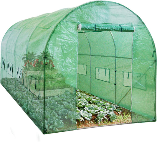 15X7X7Ft Walk-In Greenhouse Tunnel, Garden Accessory Tent for Backyard, Home Gardening W/ 8 Roll-Up Windows, Zippered Door - Design By Technique