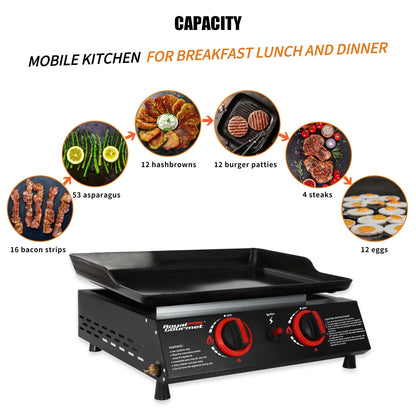 18" PD1203A 2-Burner Portable Countertop Griddle, 16,000 BTU Gas Grill Griddle