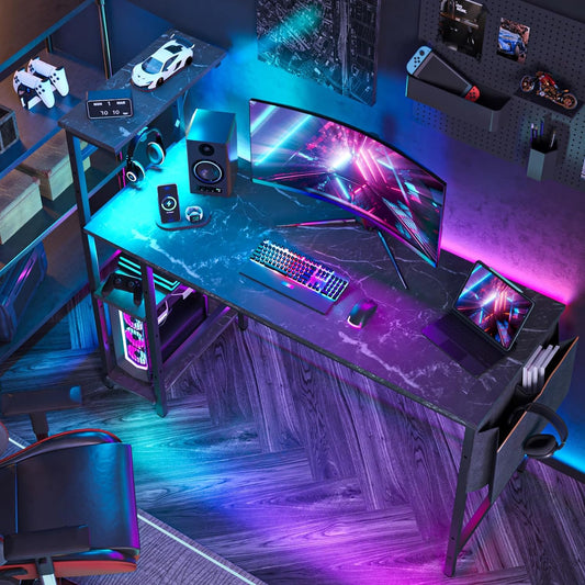 Gaming Desk with LED Lights, Computer Desk with 4 Tiers Reversible Shelves, 51.3 Inch Gamer Desk with Side Storage Bag, Hooks and Height Adjustable Shelf (Black Marble)