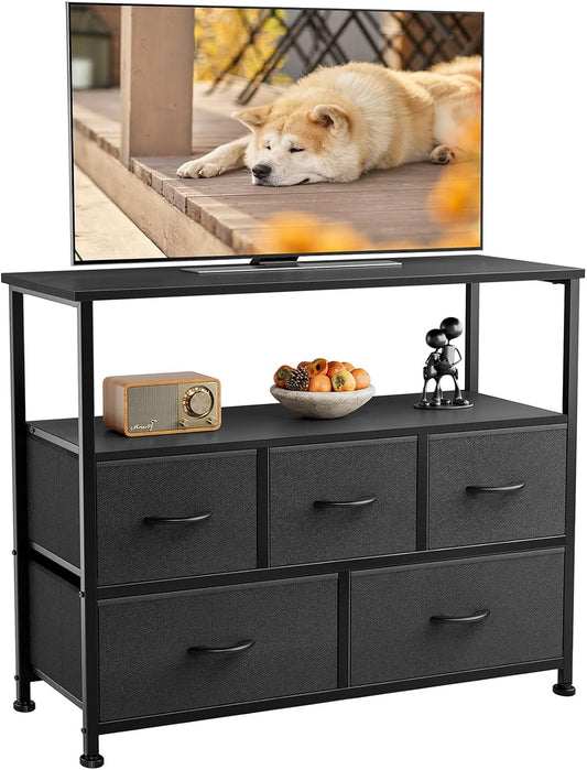 TV Stand Dresser for Bedroom with 5 Fabric Drawer,Entertainment Center for 45 Inch Television, Media Console Table with Storage, Open Shelf, Adjustable Feet, Living Room Furniture, Black