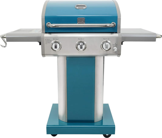 3-Burner Outdoor BBQ Grill | Liquid Propane Barbecue Gas Grill with Folding Sides, PG-A4030400LD-TL, Pedestal Grill with Wheels, 30000 BTU, Teal